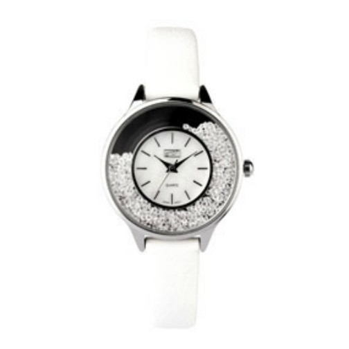 Eton Ladies White PU Strap Moving Stone Case Wrist Watch
